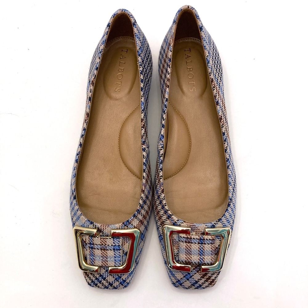 Talbots Sutton Buckle Flats Blue Brown Plaid Square Toe Womens 6.5 M Fabric